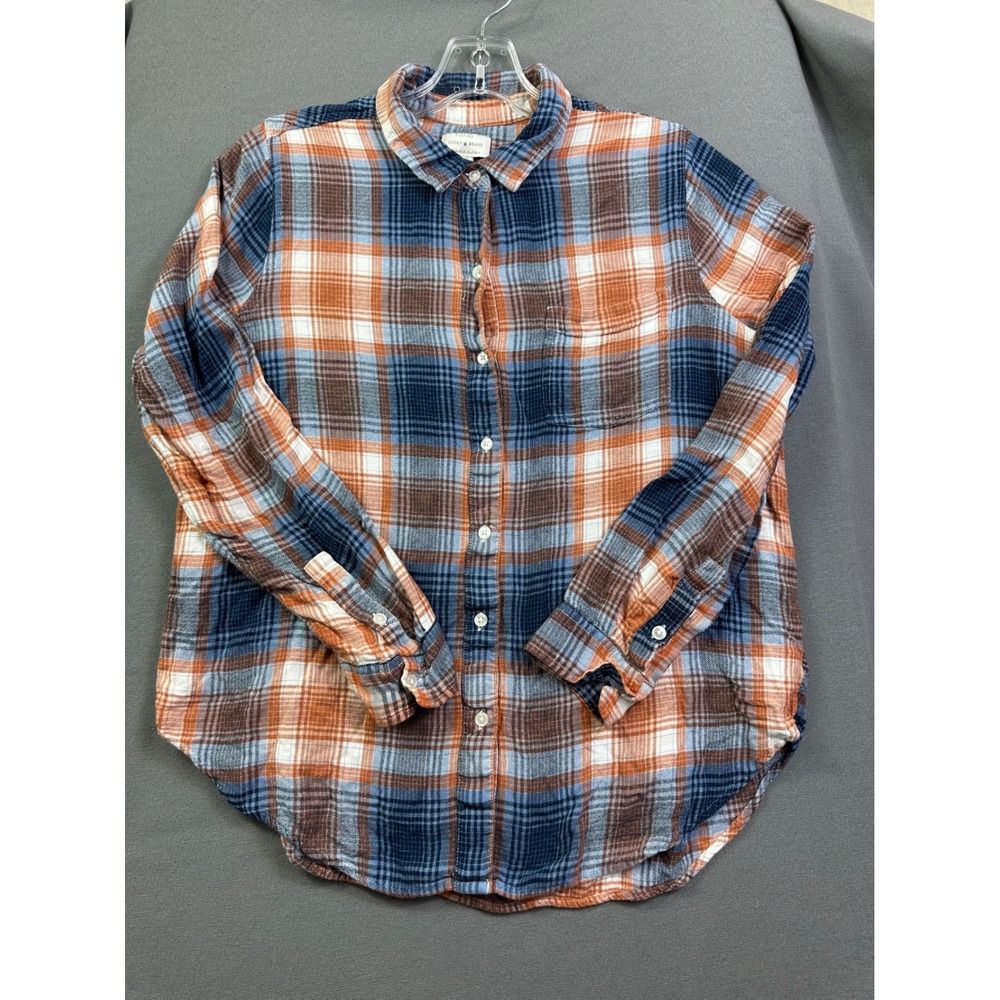 Lucky Brand Men's Large Plaid Flannel Button Down Shirt Blue Orange White L/G